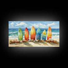 Load image into Gallery viewer, Colorful surfboards Christmas wall art, beach holiday decor, coastal Christmas art, framed canvas print, tropical Christmas art gift

