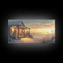 Cargar imagen en el visor de la galería, Christmas beach house decor, coastal holiday home art, seaside Christmas wall art, festive beach house print, framed canvas print
