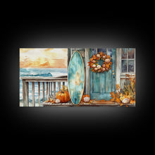 Load image into Gallery viewer, Coastal Surfboard and Pumpkins Fall Scene, Framed Canvas Print, Autumn Beach Decor, Fall Home Decor, Wall Art, Coastal Autumn Wall Print
