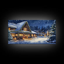 Load image into Gallery viewer, Cozy Snowy Christmas Cabin Scene Canvas Print | Winter Wonderland Christmas Wall Art | Rustic Christmas Decor | 2024 Holiday Art Gift
