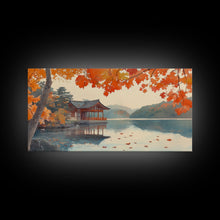 Carregar imagem no visualizador da galeria, Autumn Japanese Lake House Canvas Print | Fall Wall Art Home Decor | Seasonal Fall Art | Gift Idea | 2024 Autumn Home Wall Art
