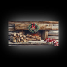 Load image into Gallery viewer, Cozy Cabin Fireplace Christmas Canvas Print | Rustic Christmas Wall Art | Holiday Home Decor | Christmas Mantle Decor | 2024 Christmas Gift
