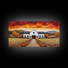 Carregar imagem no visualizador da galeria, Autumn pumpkin farm with barn, canvas print, fall farmhouse decor, rustic autumn home decor, cozy fall harvest wall art for seasonal display

