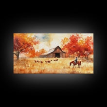 Load image into Gallery viewer, Cowboy on horse in autumn farm scene, framed canvas print, rustic fall decor, farmhouse home decor, cozy autumn landscape art, fall wall art
