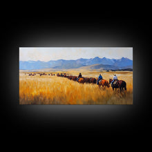 Load image into Gallery viewer, Cowboys Framed Canvas Print Western Country Horse Ride Scenic Art Large Landscape Wall Decor Ideal Holiday and Ranch Home Gift
