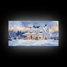 Load image into Gallery viewer, Cozy Winter House with Snowy Landscape, Christmas Decor, Framed Canvas Print, Farmhouse Christmas Decor, Seasonal Wall Art, Gift Idea
