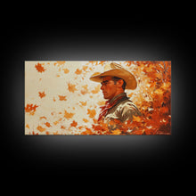 Load image into Gallery viewer, Cowboy and Fall Leaves, Framed Canvas Print Seasonal Wall Art Christmas Cowboy Gift Winter Landscape Wall Decor
