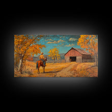 Load image into Gallery viewer, Cowboy Horse Autumn River Framed Canvas Print Perfect Above Sofa Fall Cowboy Art Moody Landscape Fall Western Wall Art

