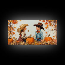 Carregar imagem no visualizador da galeria, Cute Cowboy and Cowgirl In a Pumpkin Patch, Framed Canvas Print, 1950s Style Wall Art, Nursery Decor
