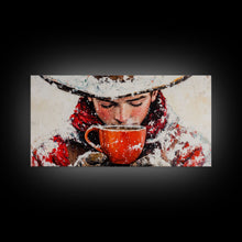 Load image into Gallery viewer, Cowboy in forest with burning fire, deep autumn hues, Framed Canvas Print, moody landscape, fall western art, rustic wall piece, wall decor
