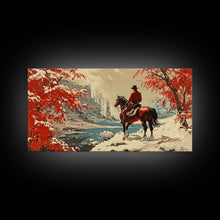 Load image into Gallery viewer, Cowboy resting by campfire under aspen trees with mountains in background, Framed Canvas Print, rustic wall art, warm western decor piece
