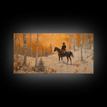 Load image into Gallery viewer, Cowboy riding horse through deep snow in a winter storm, Framed Canvas Print, dynamic winter wall art, rustic western home decor

