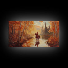 Load image into Gallery viewer, Black white cowboy riding toward snow-covered mountains, Framed Canvas Print, minimalist winter wall art, moody landscape, western decor
