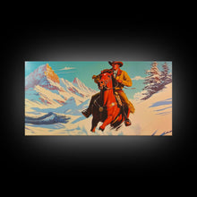 Load image into Gallery viewer, Cowboy in red jacket riding through snow-covered forest, Framed Canvas Print, vibrant winter wall art, rustic western decor

