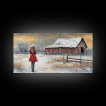 Load image into Gallery viewer, Barn Painting Framed Canvas Print, Cowgirl and her Barn, Rustic Farmhouse Decor, Winter Painting, Winter Wonderland, Farmhouse Wall Art
