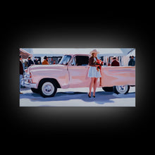 Load image into Gallery viewer, Cute Cowgirl and Her Pink Truck, Framed Canvas Print, Retro Pink Fall Decor, Wall Art Fall Home Decor, Ideal Gift Idea Rustic Seasonal Decor
