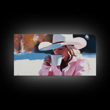 Load image into Gallery viewer, Cowgirl Enjoying A Cup of Coffee, Framed Canvas Print, Winter Wall Art, Pink Decor, Gift For Her, Seasonal Winter Home Decor

