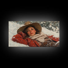Load image into Gallery viewer, Cowgirl Laying In The Snow Framed Canvas Print, Cute Rustic Decor, Cowgirl Portrait Painting, Winter Wall Art
