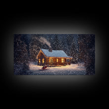 Load image into Gallery viewer, Cozy Cabin in Snow Framed Canvas Print, Winter Wonderland Scene Art, Rustic Christmas Decor, Holiday Wall Art, Seasonal Gift Idea
