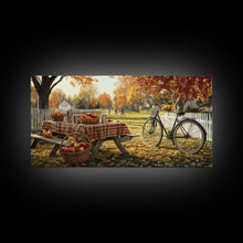 Load image into Gallery viewer, Autumn picnic with apples and plaid tablecloth, fall farmhouse decor, canvas print, country autumn art, autumn wall decor
