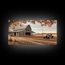 Cargar imagen en el visor de la galería, Farmhouse Autumn Decor Framed Canvas Print with Rustic Truck and Barn, Fall Country Art Wall Decor, Pumpkin Harvest Gift Idea Seasonal Decor
