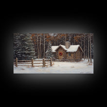 Load image into Gallery viewer, Snowy Log Cabin Christmas Framed Canvas Print, Rustic Winter Wonderland Art, Cozy Holiday Decor, Best Gift Christmas Wall Art
