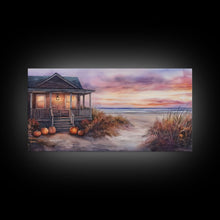 Cargar imagen en el visor de la galería, Rustic Beach Cottage Fall Scene Framed Canvas Print, Coastal Autumn Sunset Wall Art Ideal Autumn Gift, Seasonal Beach Decor
