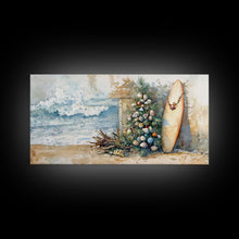 Cargar imagen en el visor de la galería, Coastal Christmas Scene Surfboards Christmas Tree Framed Canvas Print, Beach Holiday Decor Wall Art With Surfing Theme
