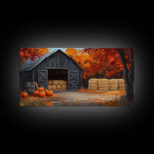 Cargar imagen en el visor de la galería, Fall Barnyard with Pumpkins Framed Canvas Print Farmhouse Decor, Fall Art Print, Rustic Home Decor, Seasonal Gift Wall Art
