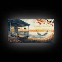 Load image into Gallery viewer, Cozy Autumn Porch with Pumpkins Framed Canvas Print, Warm Sunset Beach Scene Perfect Fall Seasonal Wall Art and Home Decor
