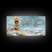 Load image into Gallery viewer, Coastal Christmas Lighthouse Decor Framed Canvas Print, Snowy Beach Scene with Holiday Wreath and Lighthouse Winter Wall Art
