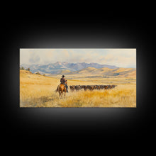 Load image into Gallery viewer, Cowboy On Snowy Path Framed Canvas Print Tall Art Winter Wonderland Western Christmas Decor Rustic Winter Wall Art Gift Cowboy Holiday Gift
