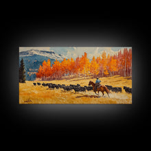 Load image into Gallery viewer, Cowboy Herding Cattle Under Mountains Framed Canvas Print Tall Art Autumn Country Landscape Fall Decor Western Wall Art Farmhouse Gift Idea
