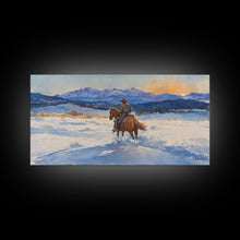 Load image into Gallery viewer, Cowboy In Golden Light Framed Canvas Print Tall Art Autumn Country Landscape Fall Decor Rustic Western Wall Art Farmhouse Decor Gift
