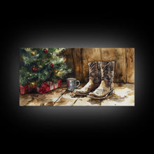 Cargar imagen en el visor de la galería, Christmas Cowboy Boots By Tree Framed Canvas Print Tall Art Rustic Western Christmas Decor Farmhouse Holiday Wall Art Cowboy Holiday Gift
