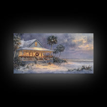 Cargar imagen en el visor de la galería, Christmas beach decor scene in tropical house with wreath and lights, Framed Canvas Print palm trees snow, winter art and holiday home decor
