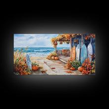 Carregar imagem no visualizador da galeria, Autumn surfboard porch decor scene, Framed Canvas Print with pumpkins and fall leaves on beach, autumn beach house wall art and decor piece
