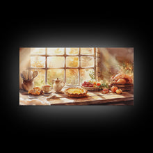 Load image into Gallery viewer, Thanksgiving table scene with food, pies and fall decor, Framed Canvas Print with pumpkins sunlight, autumn harvest home wall art and decor
