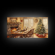 Load image into Gallery viewer, Rustic Christmas dining room scene with a Christmas tree, Framed Canvas Print with a festive table warm fireplace, farmhouse holiday decor
