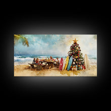 Cargar imagen en el visor de la galería, Christmas family picnic by the beach with surfboards and tree, framed canvas print tropical coastal holiday beach Christmas decor
