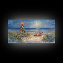 Carregar imagem no visualizador da galeria, Beach Christmas family gathering by the ocean and bonfire, framed canvas print featuring tropical holiday decor wall art

