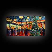 Load image into Gallery viewer, Elegant ballroom Christmas tree with dancing couples, framed canvas print vibrant holiday party decor perfect seasonal wall art
