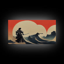 Load image into Gallery viewer, Japanese Samurai Fighting A Tidal Wave, ready to hang canvas print wall art, framed canvas wall art, mancave decor
