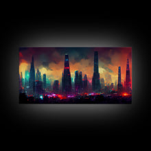 Load image into Gallery viewer, Dystopian Cyberpunk City, ready to hang canvas print wall art, framed canvas wall art, mancave wall art, Cyberpunk Art
