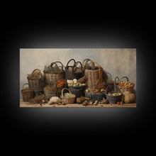 Load image into Gallery viewer, Cornucopia Wall Art, Basket Wall Decor Framed Canvas Print, Boho Wall Art, Wicker Round Bowl Art, Wicker Wall Art Print, Fall Decor
