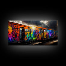 Load image into Gallery viewer, Box car graffiti art, wall decor, train box car, ready to hang canvas print wall art, rainbow train wall art
