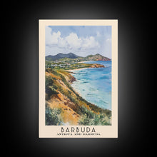 Load image into Gallery viewer, Barbuda, Antigua and Barbuda Watercolor Beach Print, Vacation Gift, Antigua and Barbuda Wall Art, Framed Canvas Print, Framed Beach Painting
