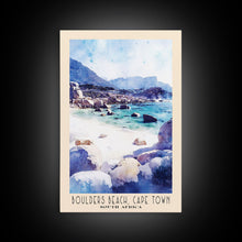 Load image into Gallery viewer, Boulders Beach, Cape Town, South Africa Watercolor Print, Vacation Gift, South Africa Wall Art, Beach Painting, Beach Decor, Large Wall Art, Wood Frame Art
