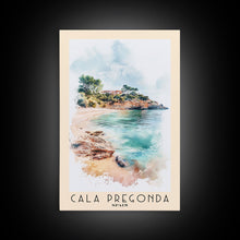 Load image into Gallery viewer, Cala Pregonda, Spain Watercolor Print, Vacation Gift, Spain Wall Art, Beach Painting, Beach Decor, Large Wall Art, Wood Frame Art
