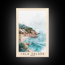Carregar imagem no visualizador da galeria, Cala Salada, Spain Watercolor Beach Print, Vacation Gift, Spain Wall Art, Framed Canvas Print, Framed Beach Painting
